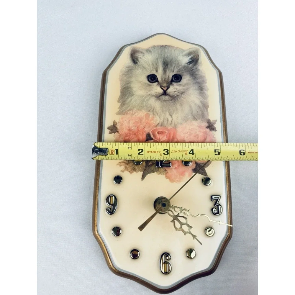 Vintage Ceramic Kitten Cat Wall Clock Flowers Tochigi Quartz Retro Kitschy Works